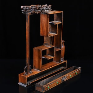 Chinese hand carved rosewood inlay gems dragon head pattern statue pen holder,Bogu shelf display shelf,precious,can be collected and used