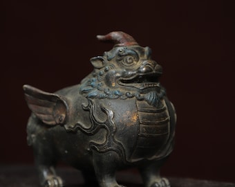 中国のアンティークブロンズ彫刻双頭吉兆獣像飾り、デスクトップの装飾