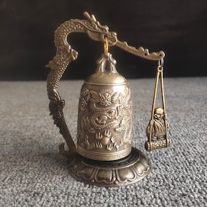 Chinese antique hand carved pure copper dragon phoenix bell ornament,worth collecting
