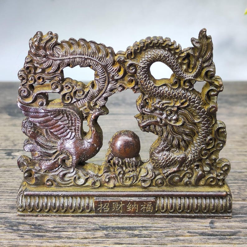 Hand Carved Copper Dragon and Phoenix Statue, Chinese Jixiang Ornament ...