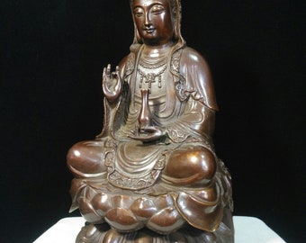 中国の純粋な手彫りの絶妙でユニークな純銅ブロンズ観音菩薩像の仏像の