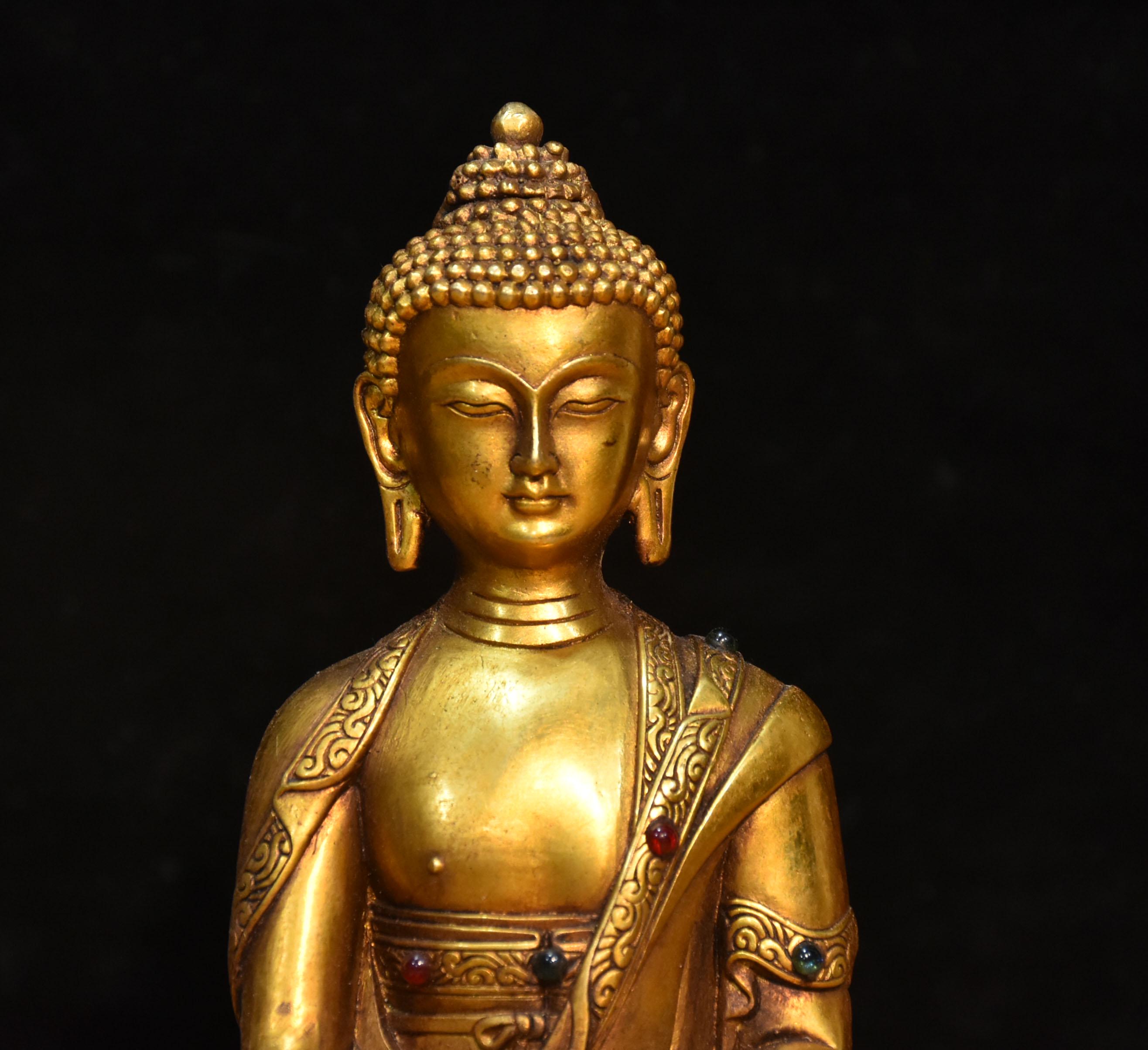 中国の手彫りの絶妙で珍しい純銅の金メッキの仏像、宝石付き、貴重で