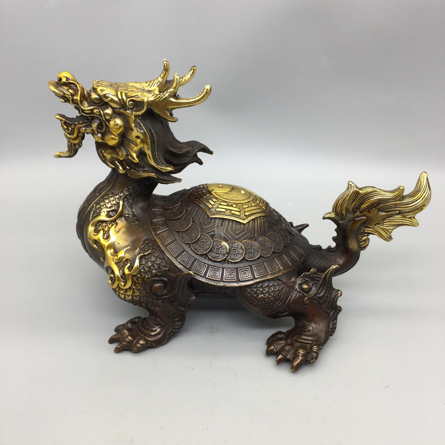 中国の純粋な手彫りの銅製龍亀像の装飾品、家庭用の机の装飾品 - Etsy 日本