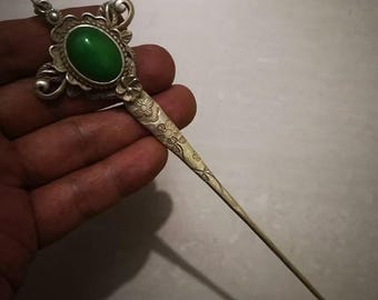 Handmade Tibetan Silver Jade Hairpin, Carved Floral Design