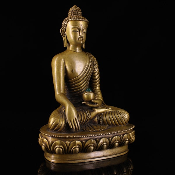 Chinese statue pure hand-carved pure copper inlaid gemse Buddha statue ornament of Shakyamuni buddha,with collection value