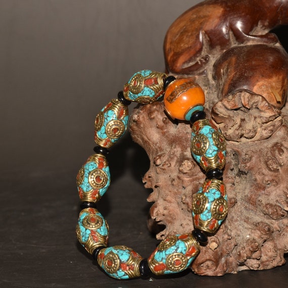 Collected exquisite pure copper inlaid turquoise and gems bracelet ornaments fine workmanship