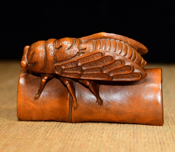 Chinese Hand Carved Natural Boxwood Cicada Statue, Exquisite Wood