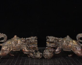 Colecciona una exquisita y única estatua de Pixiu de bronce pura tallada a mano, un par