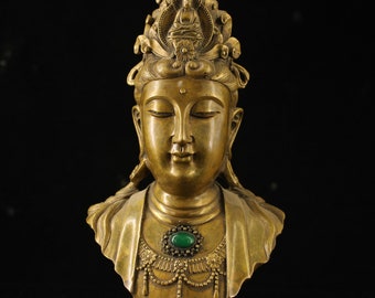 Statue chinoise de pierres précieuses incrustées de cuivre pur, exquise et unique, sculptée à la main, ornement de bouddha Guanyin Bodhisattva, à collectionner