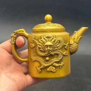 Chinese antique exquisite and rare red copper brass hand carved dragon and phoenix pattern teapot,wine pot ornaments
