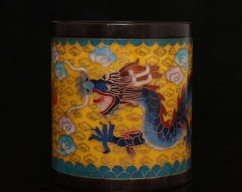 Chinese antique pure handmade exquisite and rare pure copper cloisonne dragon pattern pen holder ornament,fine workmanship