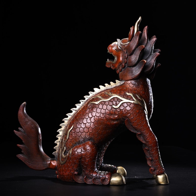 Chinese Pure Hand Carved Exquisite and Rare Pure Copper Gilt Kirin ...