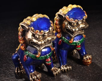 Statue chinoise de lion en laiton cloisonné sculpté à la main, ornements par paire, précieux et unique, décoration de bureau, à collectionner