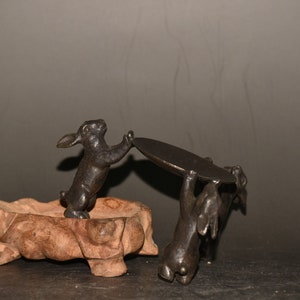 Chinese statue hand-carved pure copper rabbit candlesticks small ornament,exquisitely carved and rare,collected