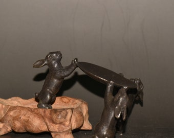 Chinese statue hand-carved pure copper rabbit candlesticks small ornament,exquisitely carved and rare,collected