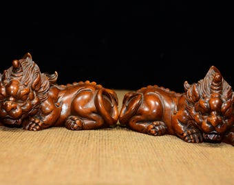 中国製の手彫りのツゲ材の獅子像、一対、貴重でユニーク - Etsy 日本
