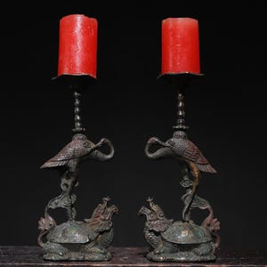 A pair of Chinese antique hand carved exquisite and rare pure copper bronze Turtle and Crane statue candlestick ornament