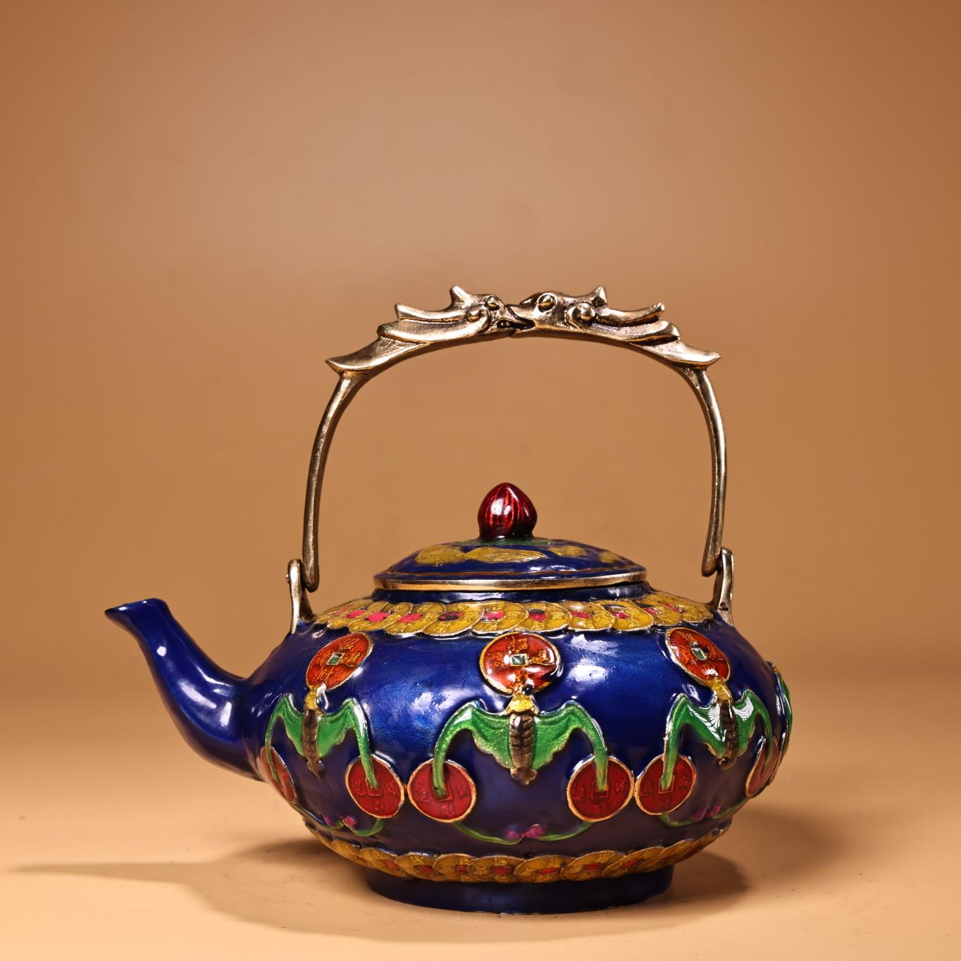 Collect exquisite and rare hand carved pure copper inlaid cloisonn é teapot/wine pot,precious and unique