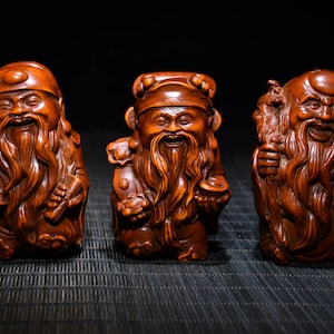 Collect hand carved natural boxwood Fu Lu Shou statue small ornaments,exquisite and unique pattern,worth collecting