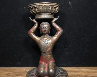 Chinese antique hand carved exquisite and rare bronze Maid oil lamp ornament,desktop decoration