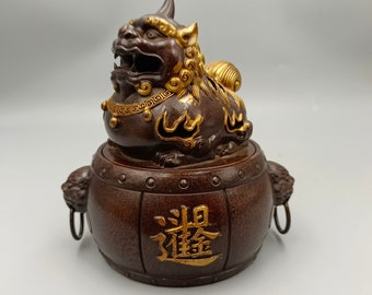 中国のアンティークの手彫りの純銅の赤銅のライオン像の香炉、絶妙で
