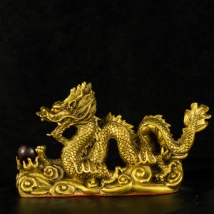 Chinese pure handcarved pure copper brass inlaid bead dragon statue ornaments,home desk decorations