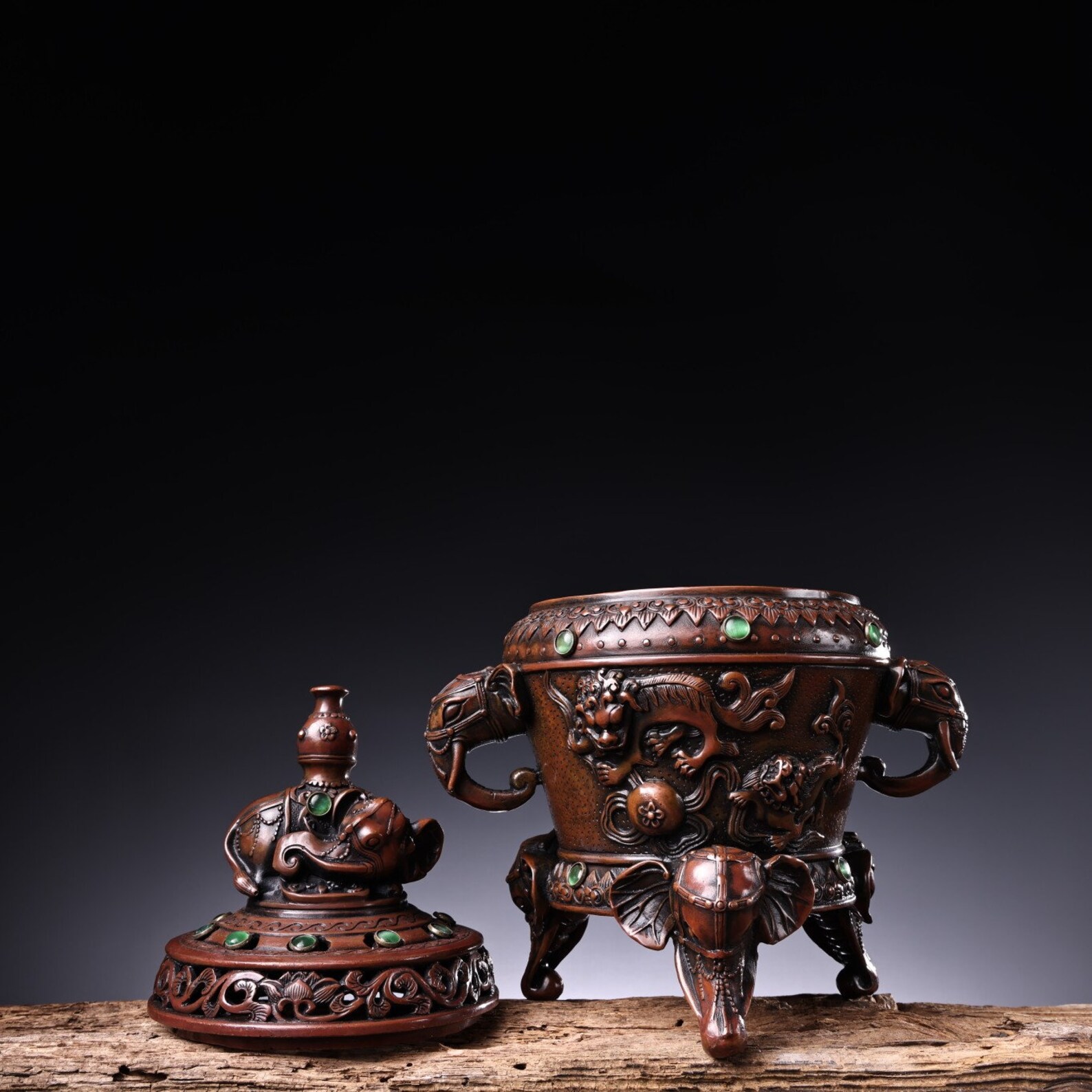 Chinese Antique Pure Copper Red Copper Inlaid Gems Hand Carved Hollow ...