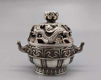 Chinesische antike weiße Kupfer kleine Weihrauchbrennerstatue, reines handgeschnitztes Drachenmuster aushöhlen, kann verwendet werden und lohnt sich zu sammeln