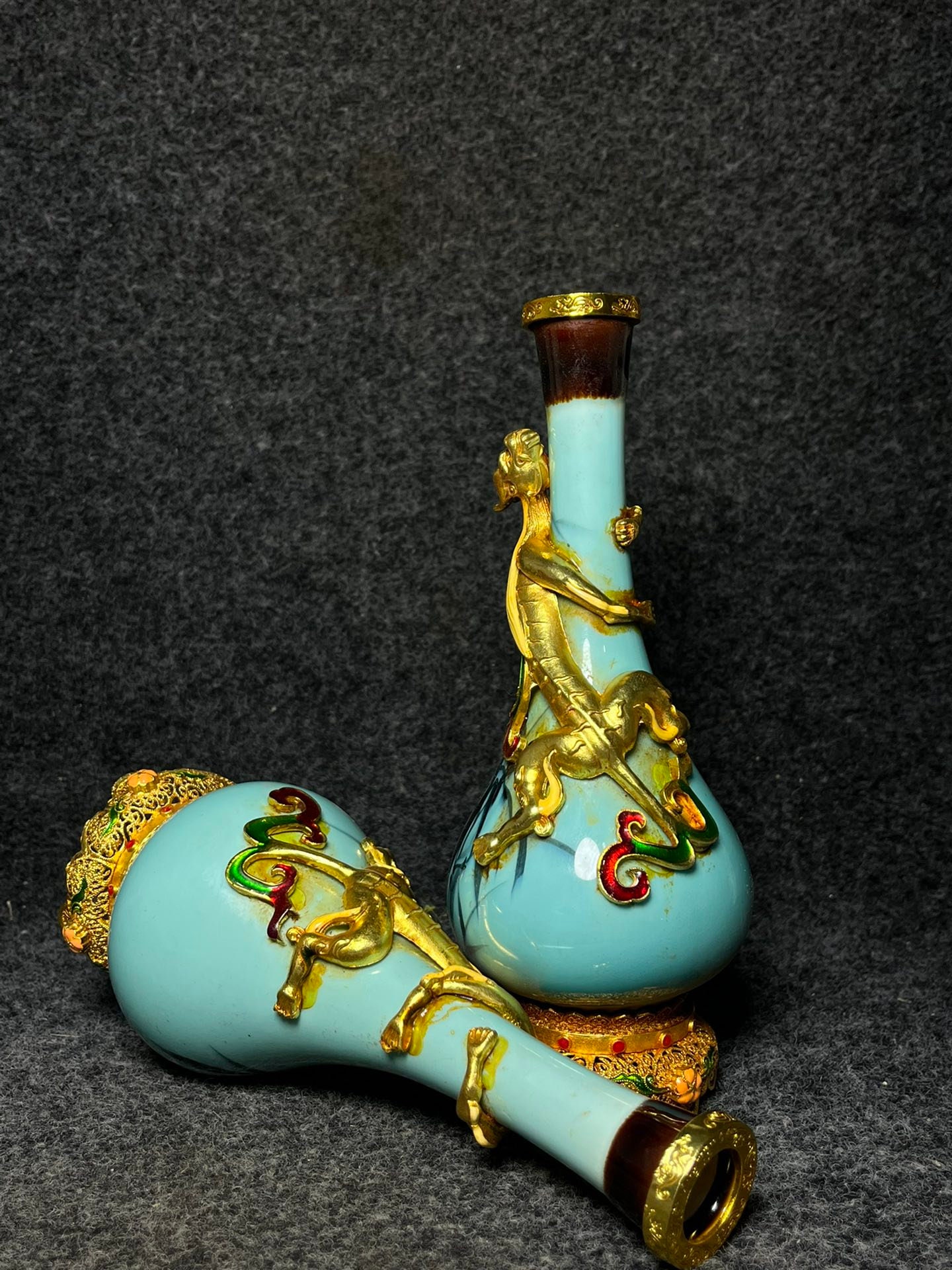 ドラゴン装飾の陶器花瓶 ドラゴン彫刻 陶器 花瓶 約50cm 壺 [黒龍] 丸形 中国雑貨 龍 ドラゴン