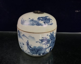 絶妙な青と白の磁器の風景模様の蓋付き瓶、茶瓶の装飾 - Etsy 日本