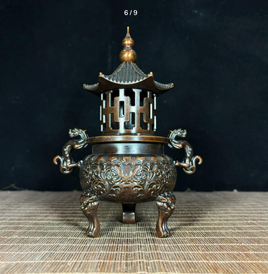 Chinese Antique Hand Carved Pure Copper Dragon Ear Lotus Pattern