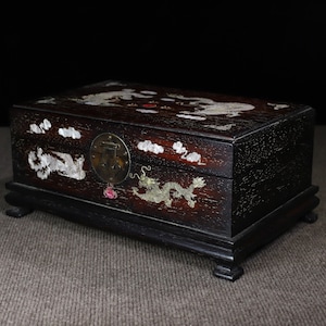 Chinese pure hand carved exquisite unique red sandalwood inlay dragon and phoenix pattern jewelry box,storage box decoration,collecting