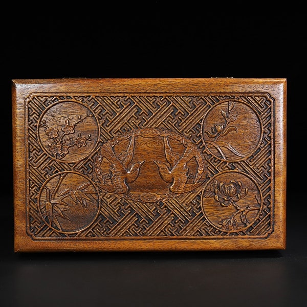 Chinese antique hand carved natural rosewood flower and bird patterns treasure chest storage box ornaments