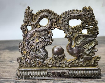 Chinese antique hand carved exquisite rare pure copper dragon and phoenix Jixiang statue ornament,exquisite and unique