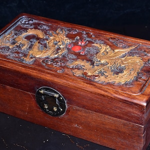 Chinese antique pure hand carved exquisite unique rosewood gilt dragon and phoenix pattern jewelry box,storage box decoration