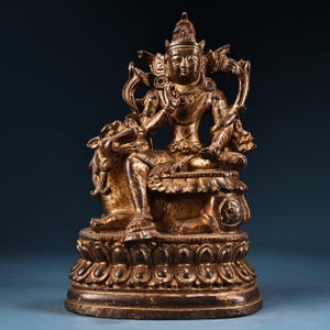 Chinesische reine Hand geschnitzt exquisite und seltene reine Kupfer vergoldet Manjushri Bodhisattva Ornament, feine Verarbeitung, Zen Schreibtisch Dekor, Sammlerstück