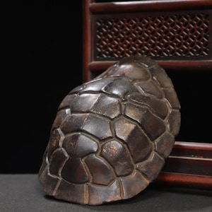 May include: A dark brown, rounded turtle shell sculpture featuring a textured surface with distinct, raised geometric scute patterns. The object has a smooth, polished finish with subtle variations in color tone across the curved, dome-like structure.