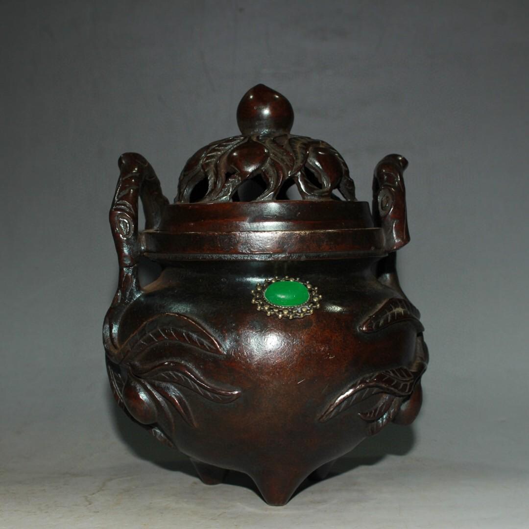 Chinese Hand Carved Copper Inlaid Gemstone Longevity Peach Incense ...
