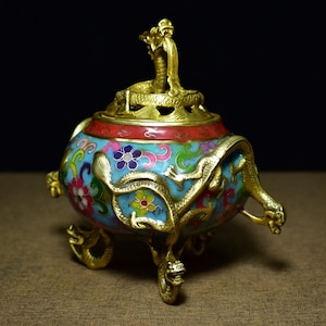 Chinese antique pure handmade exquisite and rare pure copper cloisonne dragon statue incense burner ornament,fine workmanship