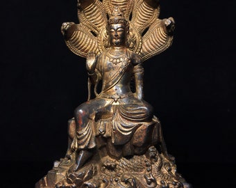 中国の手彫りの純銅ブロンズ千手観音像の小さな装飾品、ユニークで中古