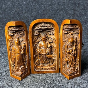 Chinese hand carved natural boxwood Fu Lu Shou statue with three open box,exquisite and unique,worth collecting