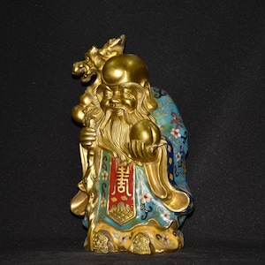 Chinees antiek met de hand gesneden puur koperen cloisonné prachtig Fu Lu Shou-standbeeldornament, kostbaar en uniek!