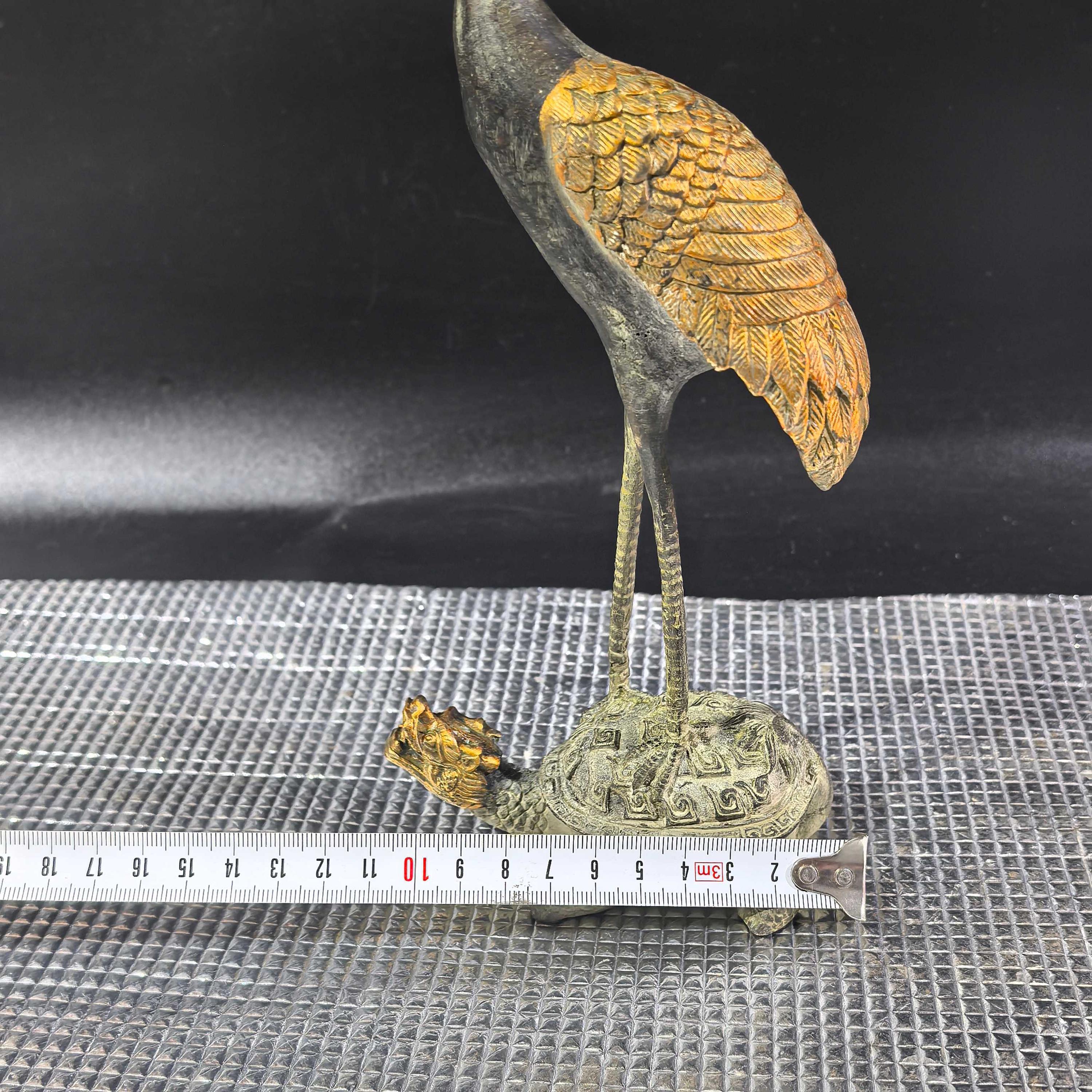 Chinese Antique Hand Carved Bronze Turtle and Crane Statue