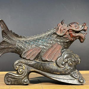 Chinese copper Ruyi dragon fish statue ornament, hand carved, unique and rare, precious desktop decoration