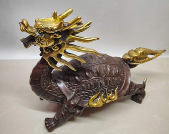 中国では、古い手彫りの青銅製龍亀像、印章飾り、独特の職人技、珍しい