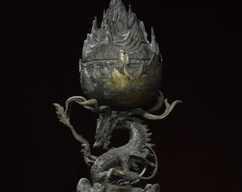 Bronze Dragon Incense Burner, Dragon Boshan Incense Holder，Desktop Decor
