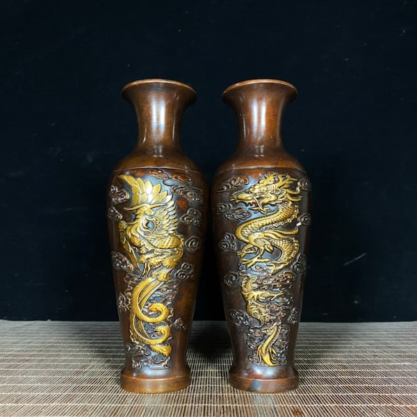 Chinese pure hand carved pure copper gilt auspicious dragon and phoenix pattern vase ornament a pair,home decor,exquisite and precious