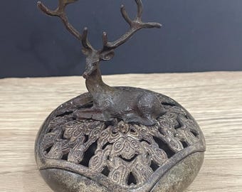 Chinese hand carved exquisite and rare pure copper deer patterned incense burner, precious and unique