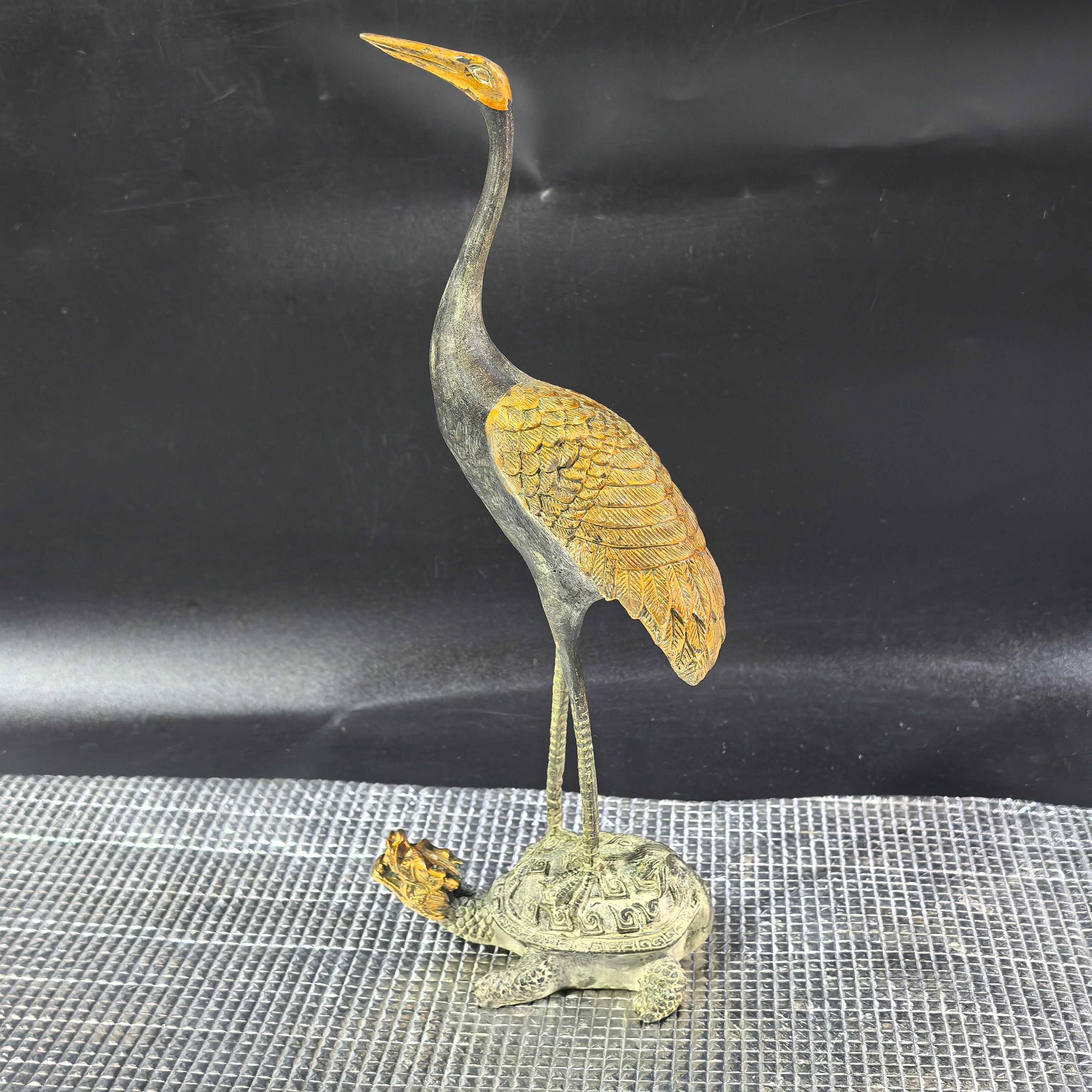 Chinese Antique Hand Carved Bronze Turtle and Crane Statue