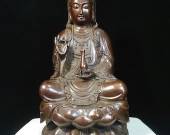 中国の純粋な手彫りの絶妙でユニークな純銅ブロンズ観音菩薩像の仏像の